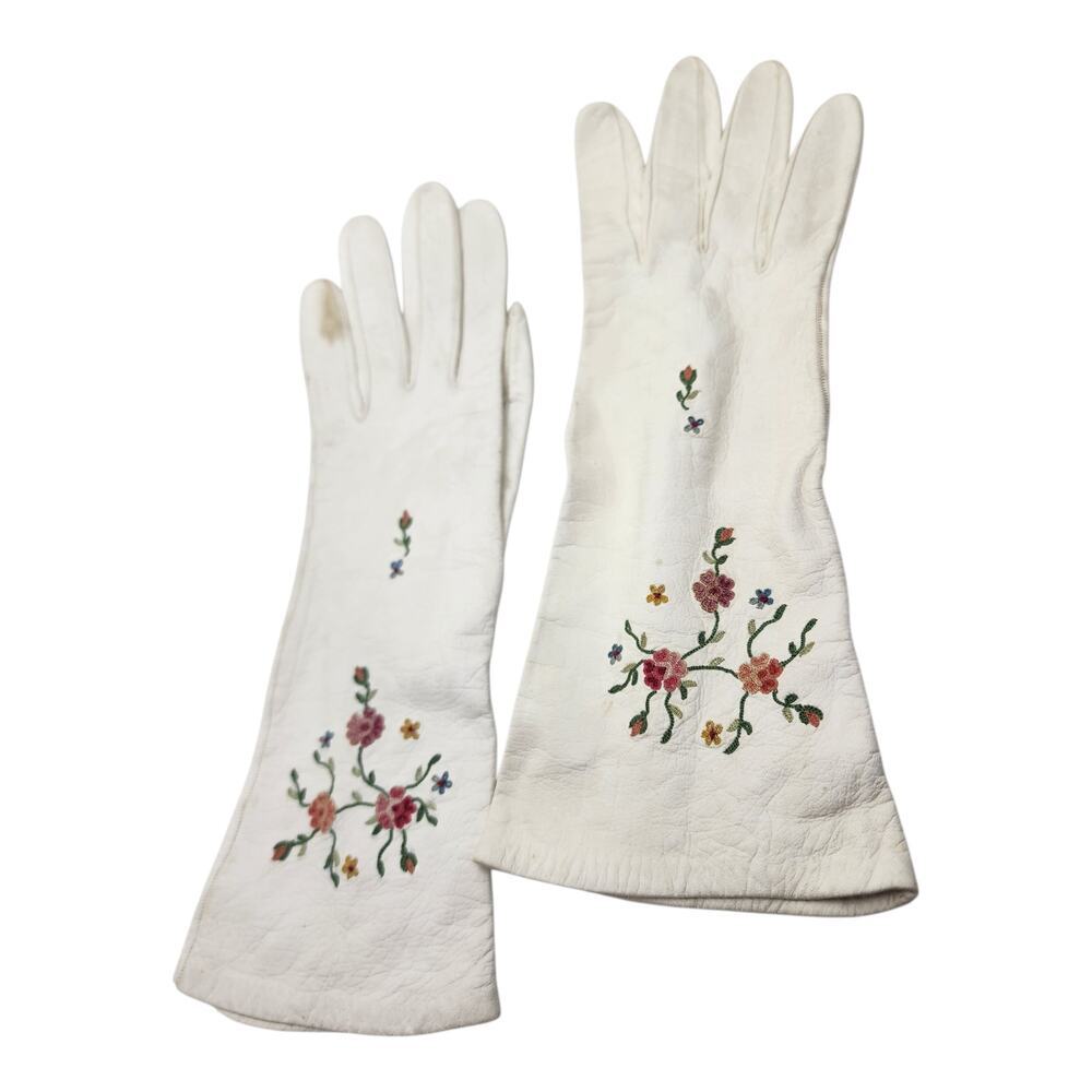 Vintage White Leather Gloves Womens Hand Embroidered Floral 1940s 50s